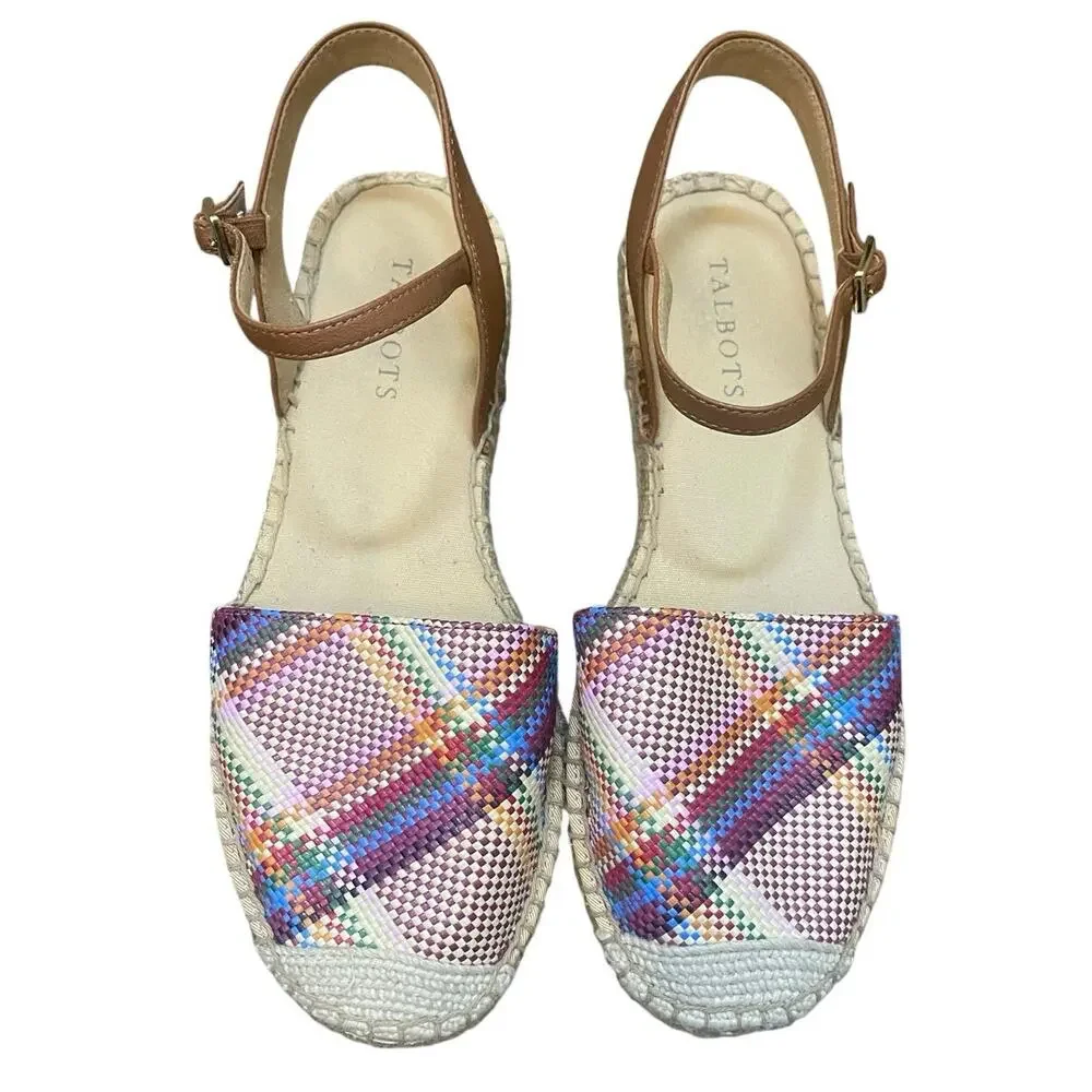 Talbots Espadrilles 7 1/2 IZZY D'ORSAY Closed Toe Ankle Strap Woven Madras Flats